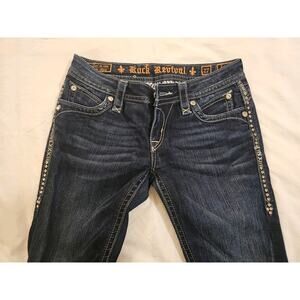 Rock Revival Skinny Jeans Women’s 27 Dark Wash Rhinestone Sides Embroidered